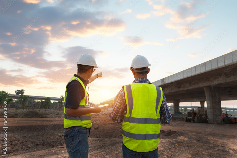 Two construction workers in hi-vis vests reviewing a job site at dusk