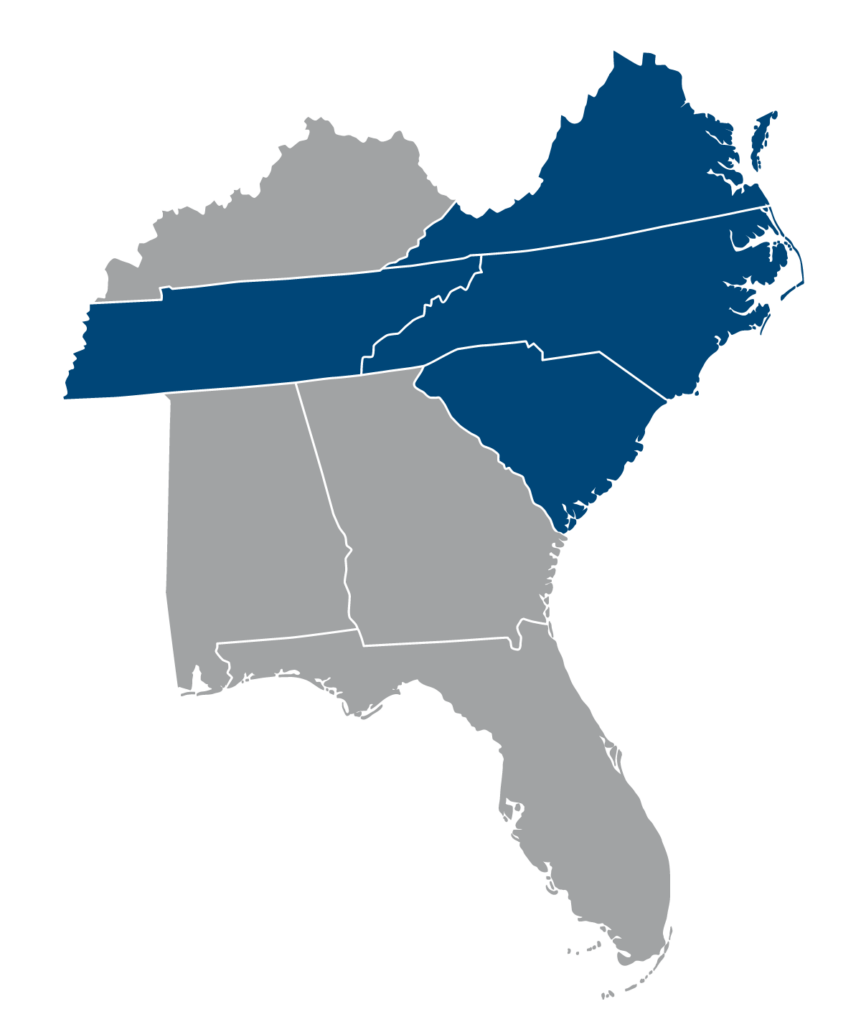 Map of North and South Carolina, the Avery General Contracting service area